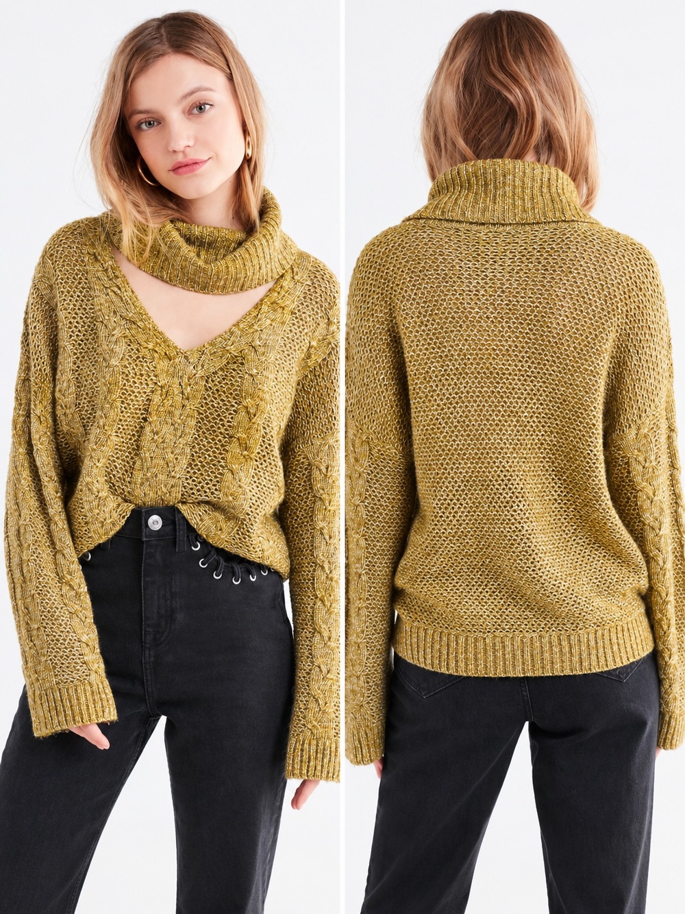 Urban Outfitters Mustard Yellow Cable Knit Cutout Turtleneck Sweater S